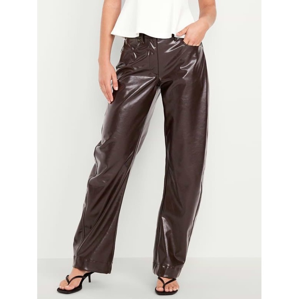 NWT Old Navy Faux Leather Barrel Leg Pants Brown Size 4 Tall - Picture 2 of 12